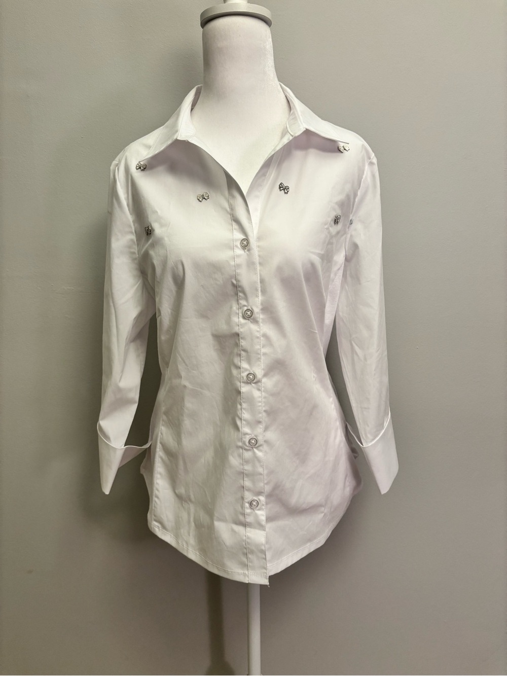 Zac & Rachel White Bow Print Button Front Blouse Petite Large NWT